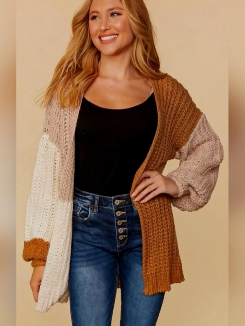 Haptics by Holly Harper Size Medium chunky colorblock cardigan balloon sleeves